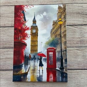 London Cityscape Big Ben Canvas Art with Red Accents 11.5 x 8